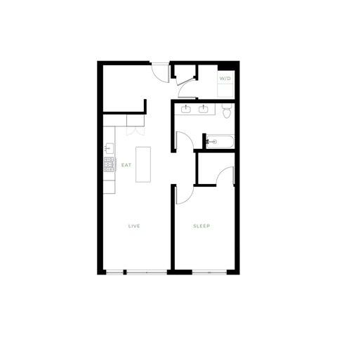 Floor plan for 1 bed, 1 bath, 798 sqft